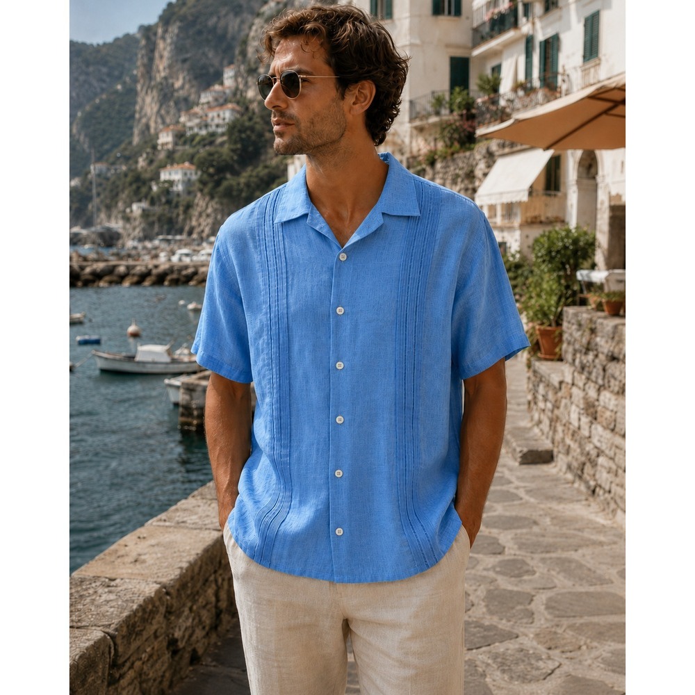 Nat Nast 100% Linen Shirt Men's XXL Blue Pleated American Fit Button Up Resort